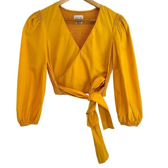 SAYLOR Abril Yellow V-Neck Wrap Smocked Back Puff Sleeve Cropped Top - Picture 2 of 7